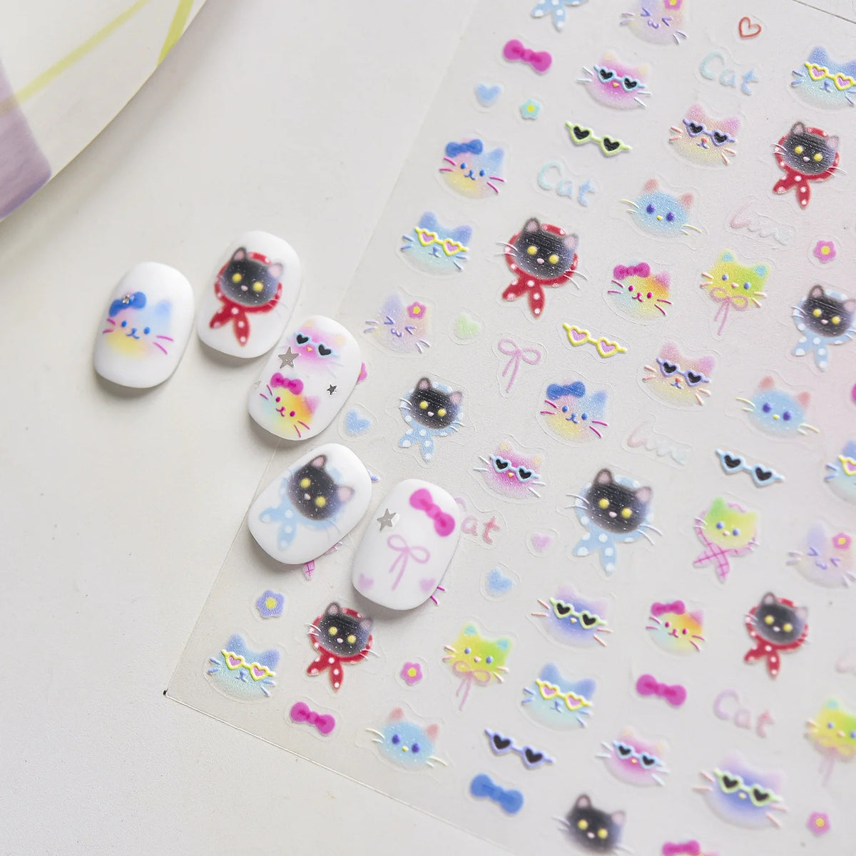 5D Gradient Nail Stickers – Cute Cat Bow Heart Self-Adhesive Decals Nail Art Stickers QXL