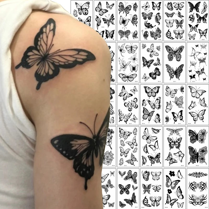 30-Pack 3D Black Butterfly Temporary Tattoos | Waterproof Temporary Tattoo Stickers QXL