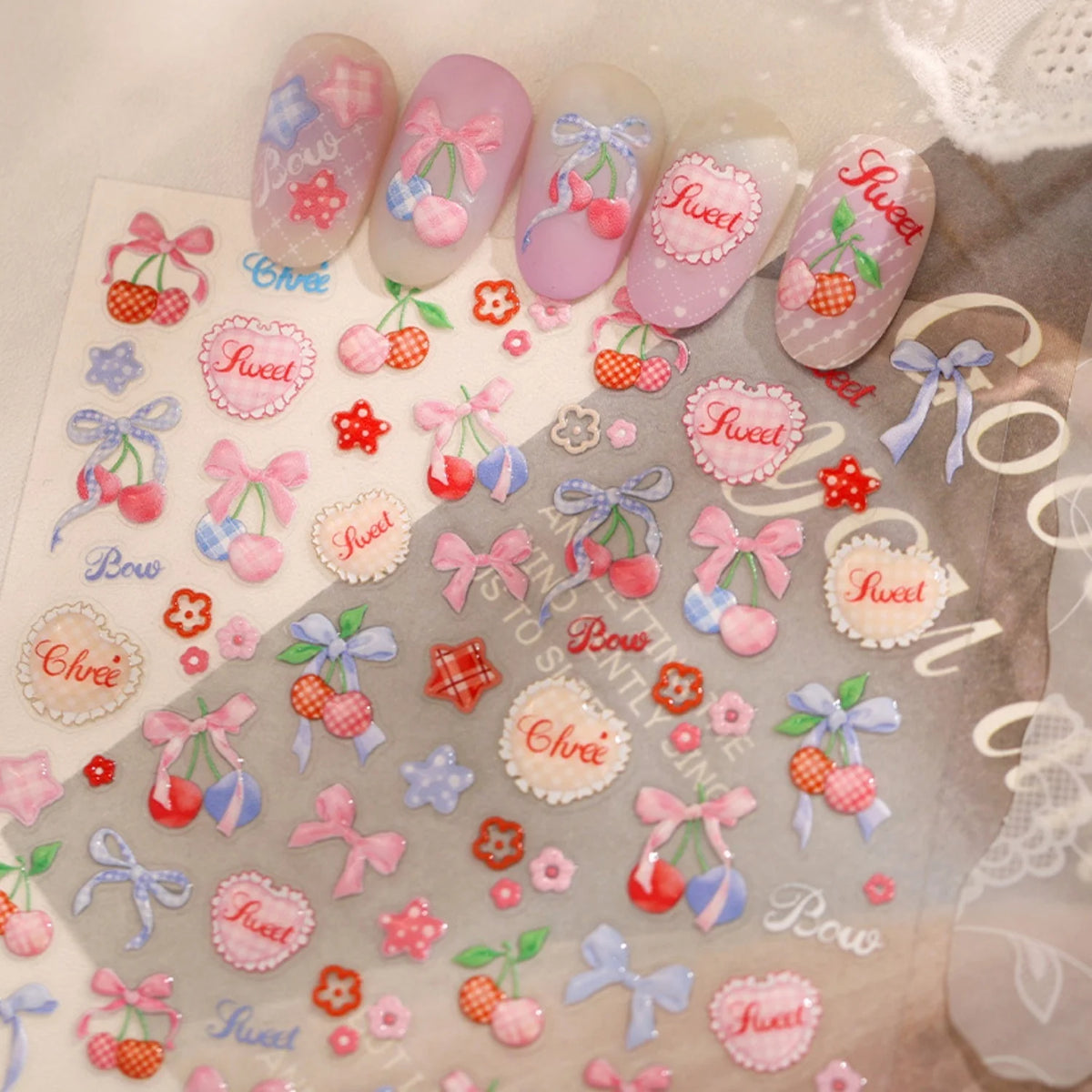 5D Retro French Nail Art Stickers – Cherry, Bow & Lace Decals Nail Art Stickers QXL