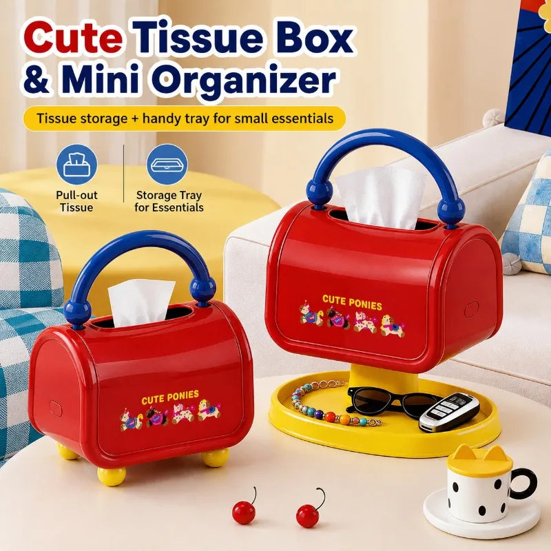 Cute Cartoon Tissue Box Holder with Handle & Storage Tray Tissue Box Holder QXL