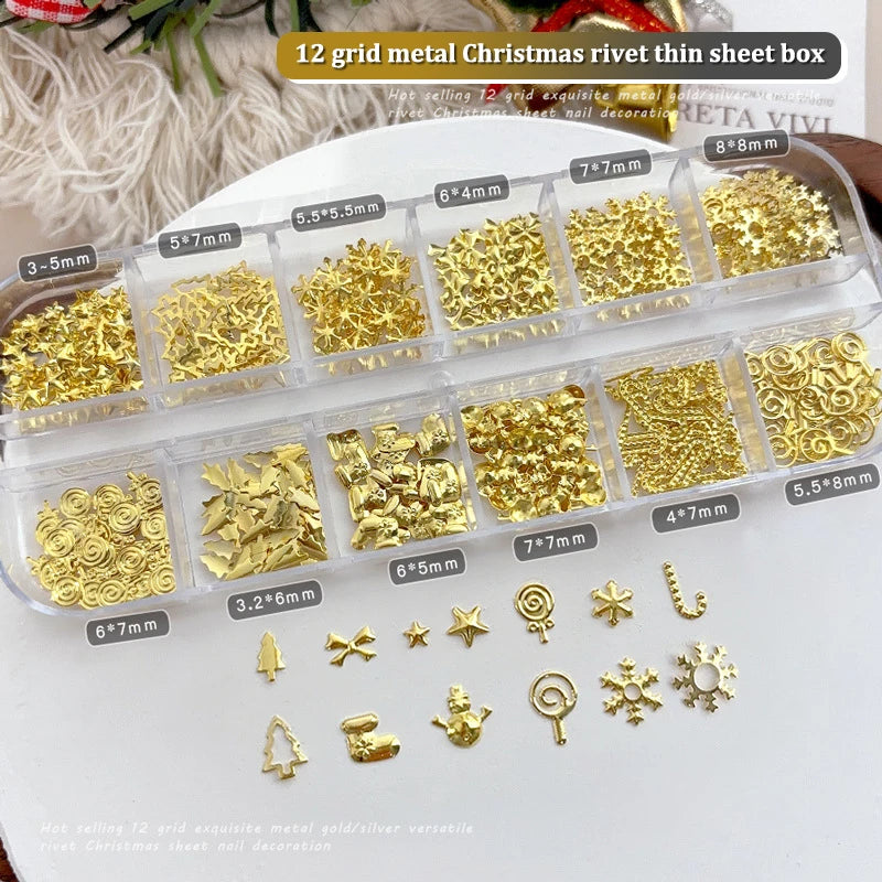 Christmas Nail Art Charms 12-Grid | Metal Xmas Sequins Set Nail Art Charms QXL