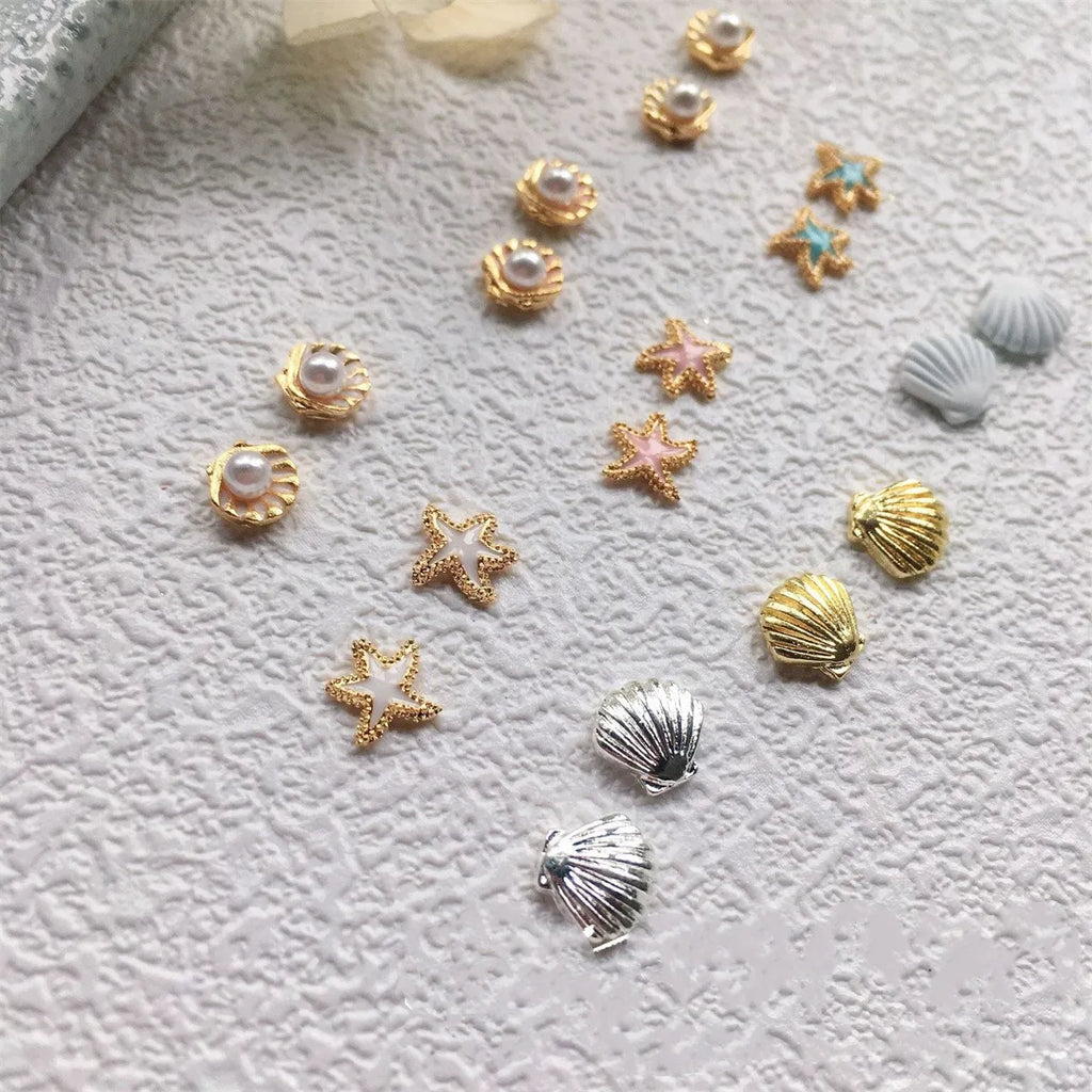 10-Pc 3D Alloy Nail Charms | Starfish Pearl Shell Kawaii Nail Art Charms QXL