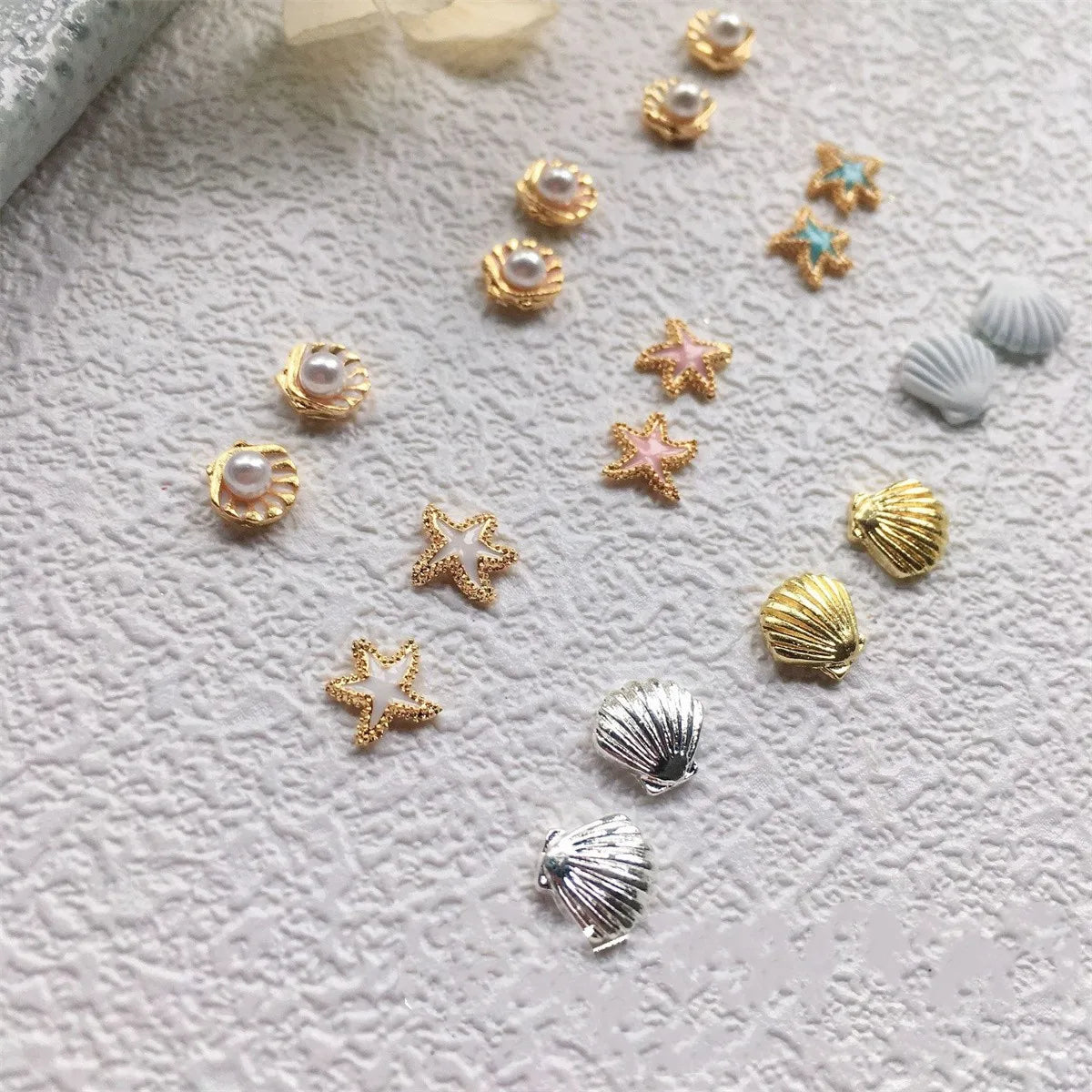 10-Pc 3D Alloy Nail Charms | Starfish Pearl Shell Kawaii Nail Art Charms QXL