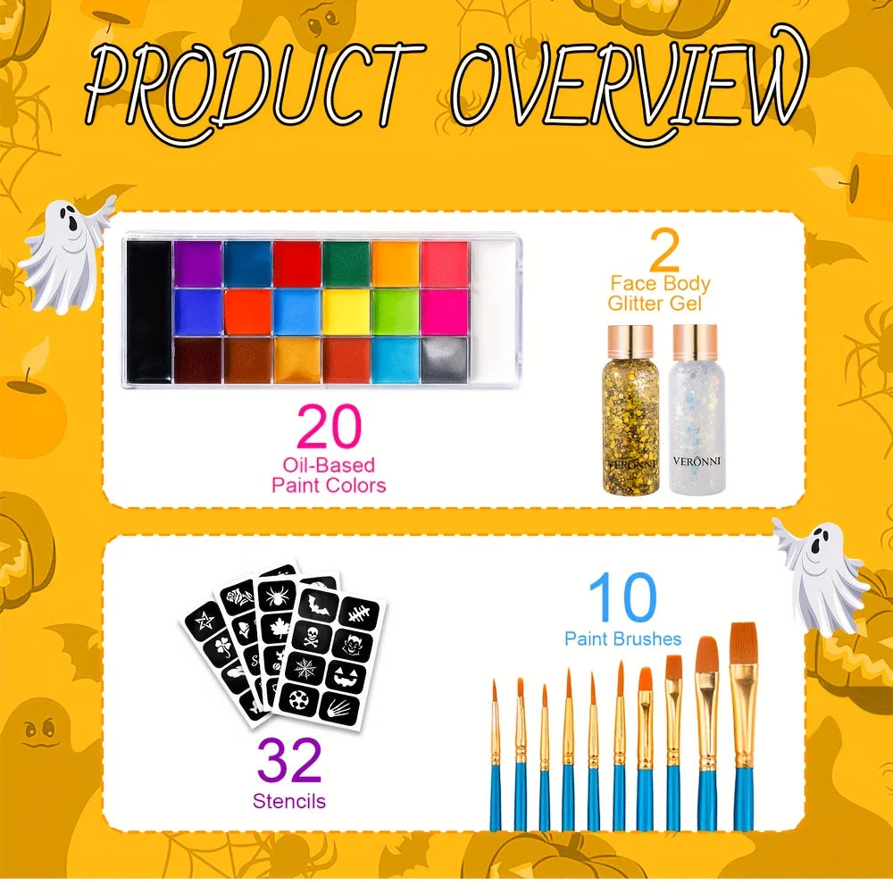 20-Color Oil Face & Body Paint Set | Halloween Cosplay Kit Face & Body Paint QXL