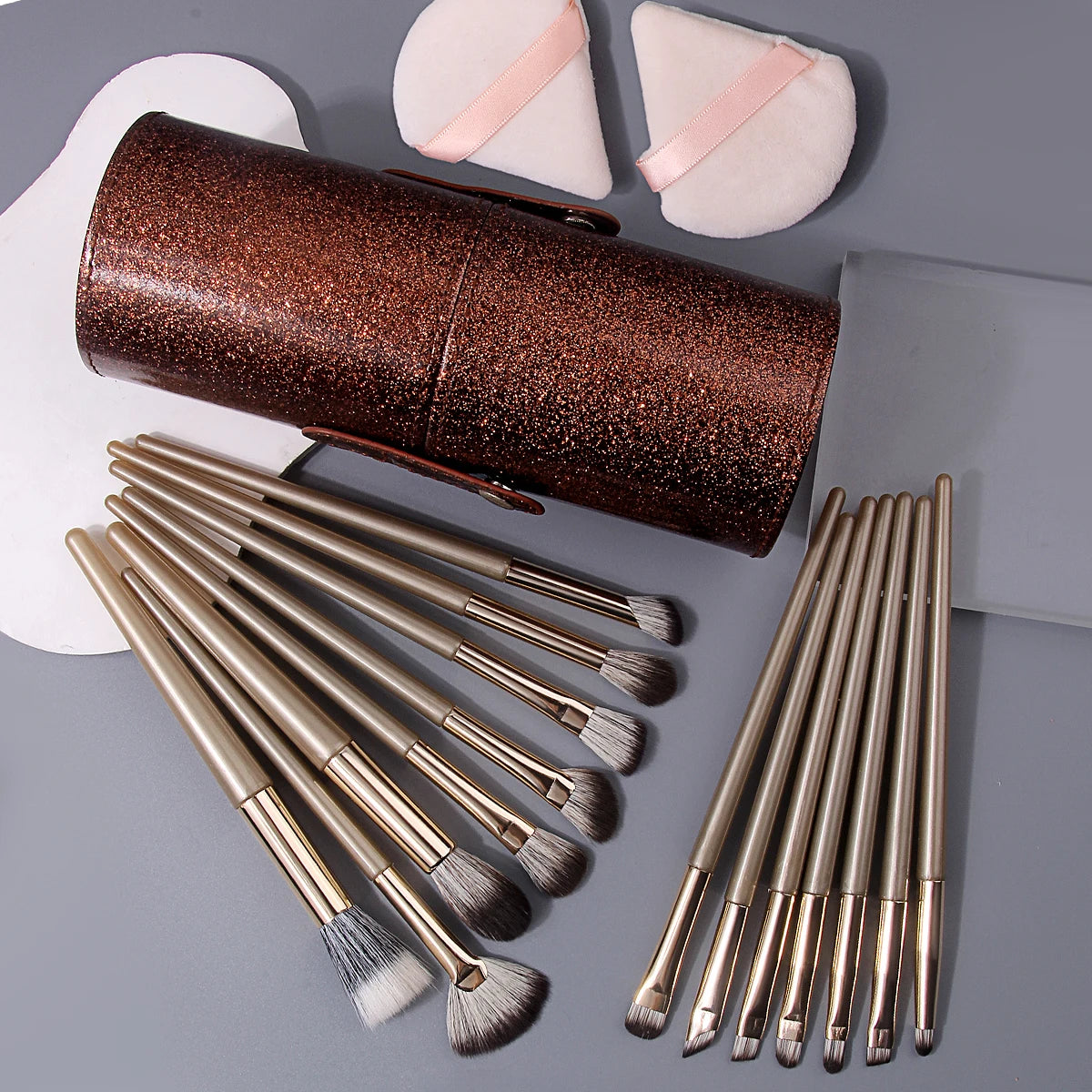 18-Pc Champagne Gold Makeup Brush Set | Glitter Bag & Puffs Makeup Brush Set QXL