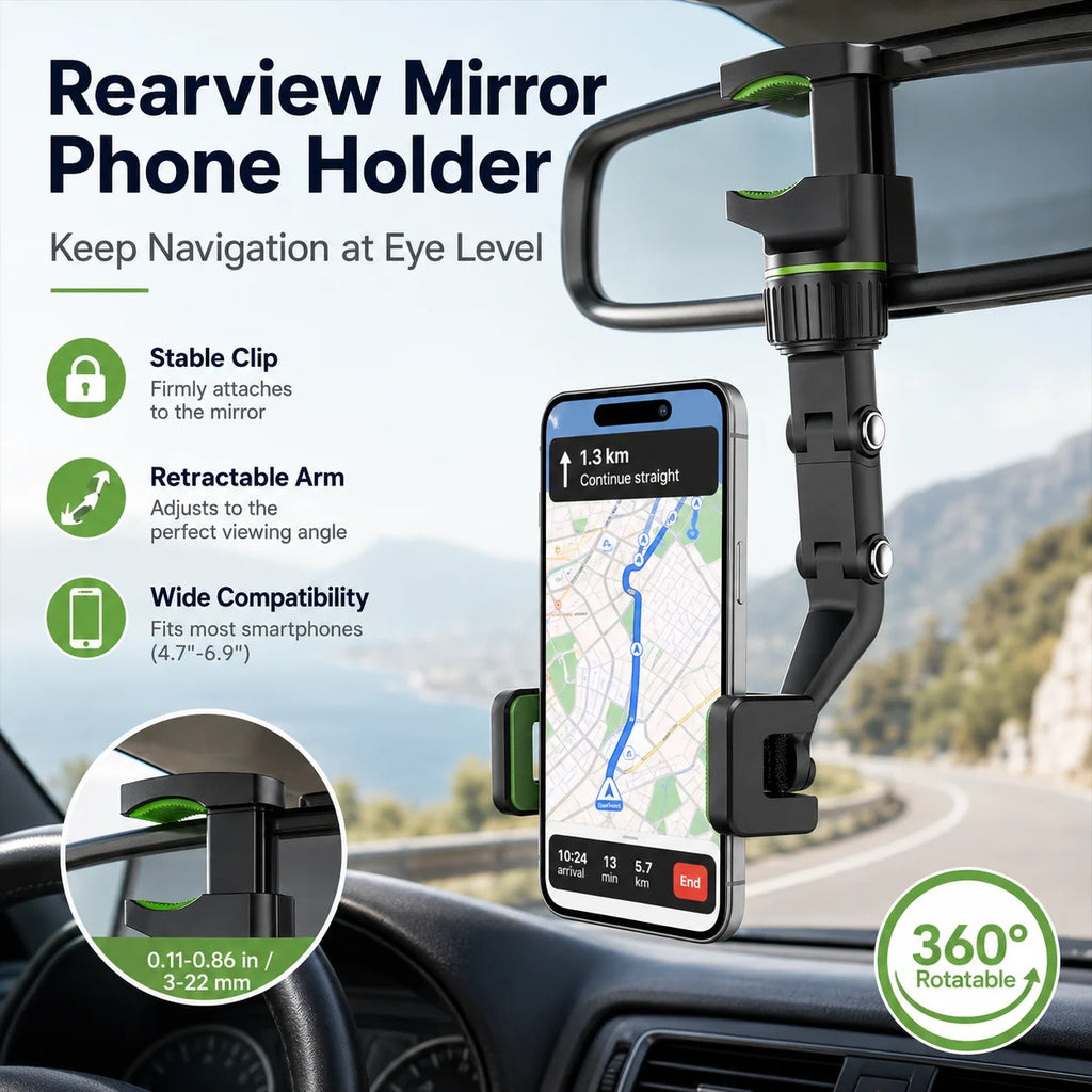 360° Rearview Mirror Phone Mount | Retractable Car Holder Car Phone Mount QXL