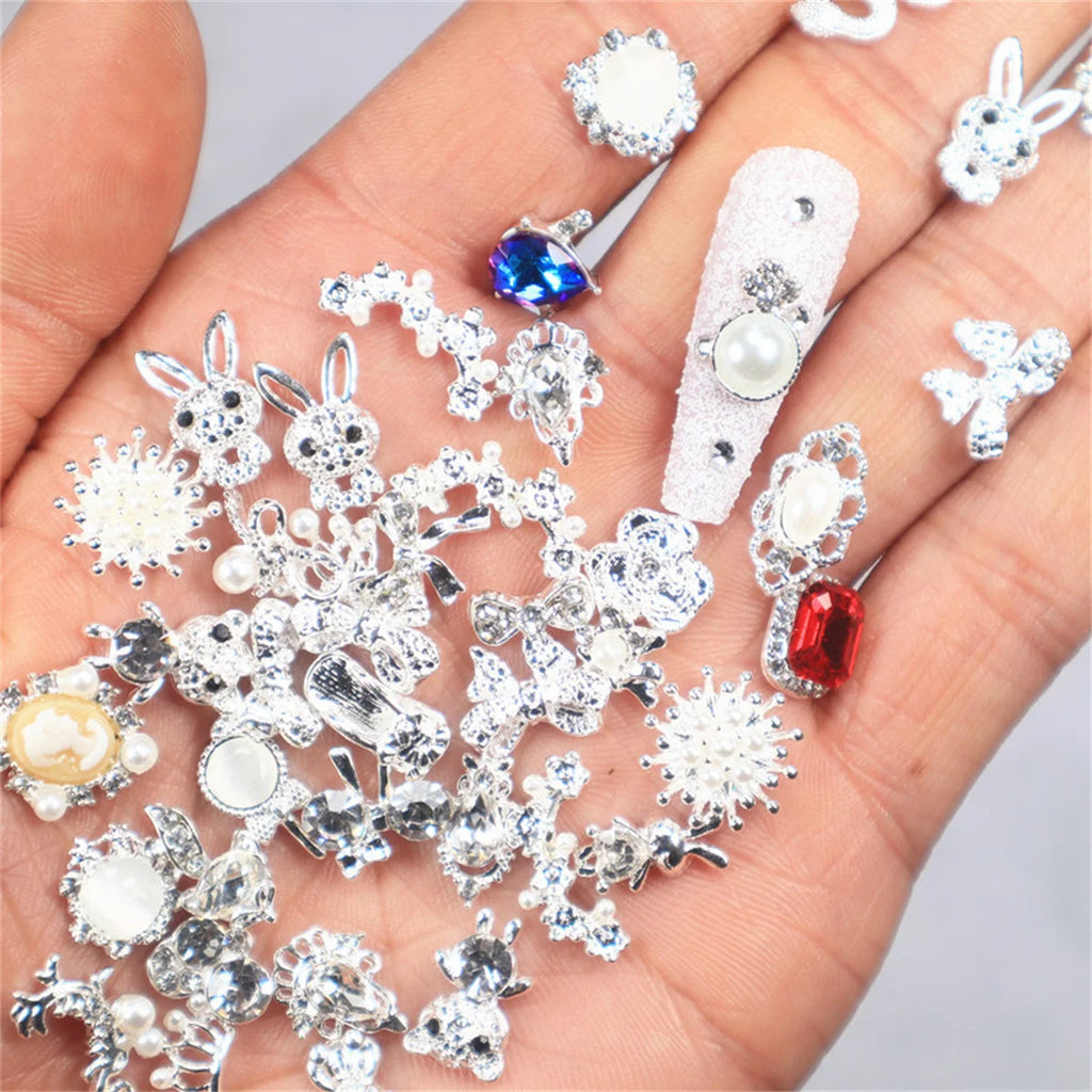 10-Pack 3D Zircon Nail Charms | Mixed Gold Silver Alloy DIY Nail Art Charms QXL