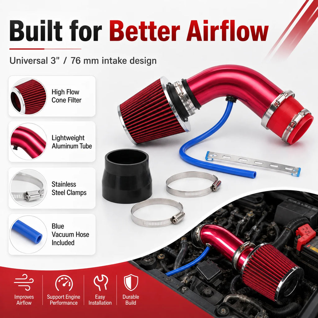 3" 76mm Universal Cold Air Intake Kit | High-Flow Cone Filter Cold Air Intake Kit QXL