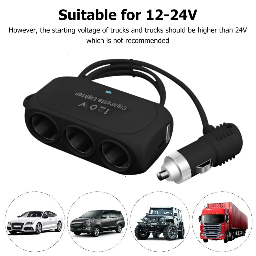120W Car Cigarette Lighter Splitter 3-Socket USB-C Fast Charger Car Charger Splitter QXL