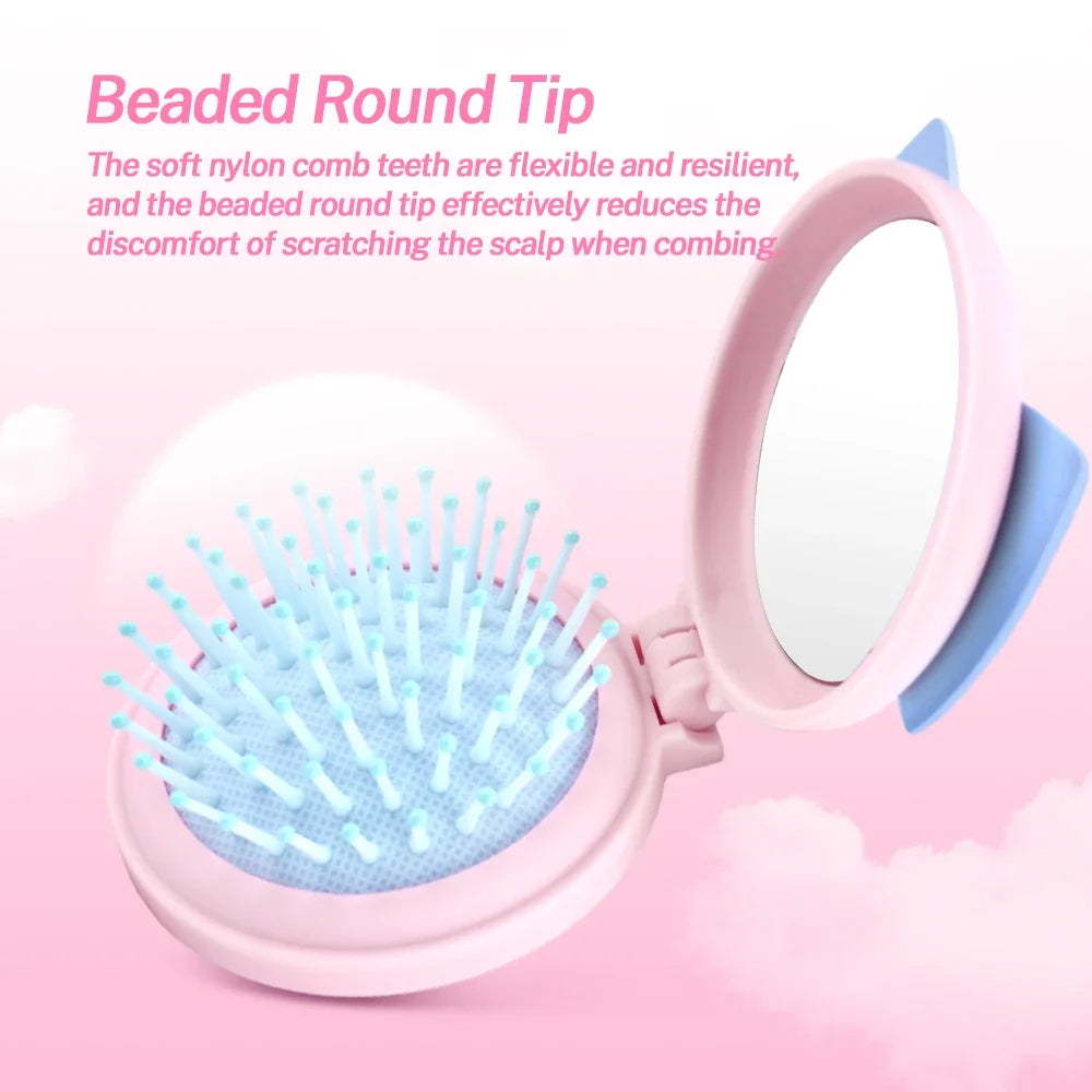 Mini Foldable Air Cushion Hair Brush with Mirror – Cute Bow Foldable Hair Brush QXL