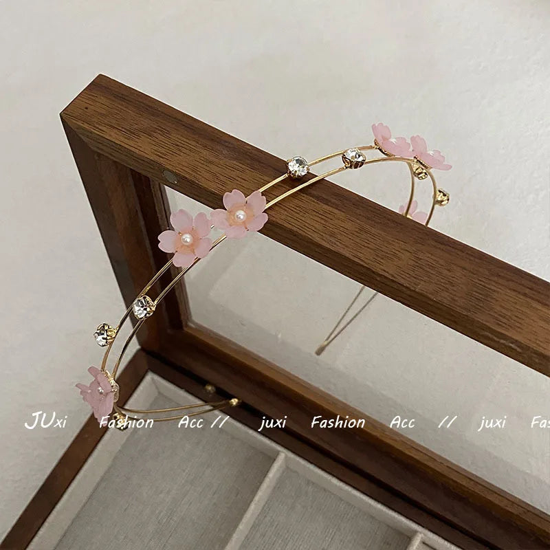 Korean Floral Crystal Double Layer Headband | Slim Hair Hoop Crystal Hair Headband QXL Pink Flowers H08-21