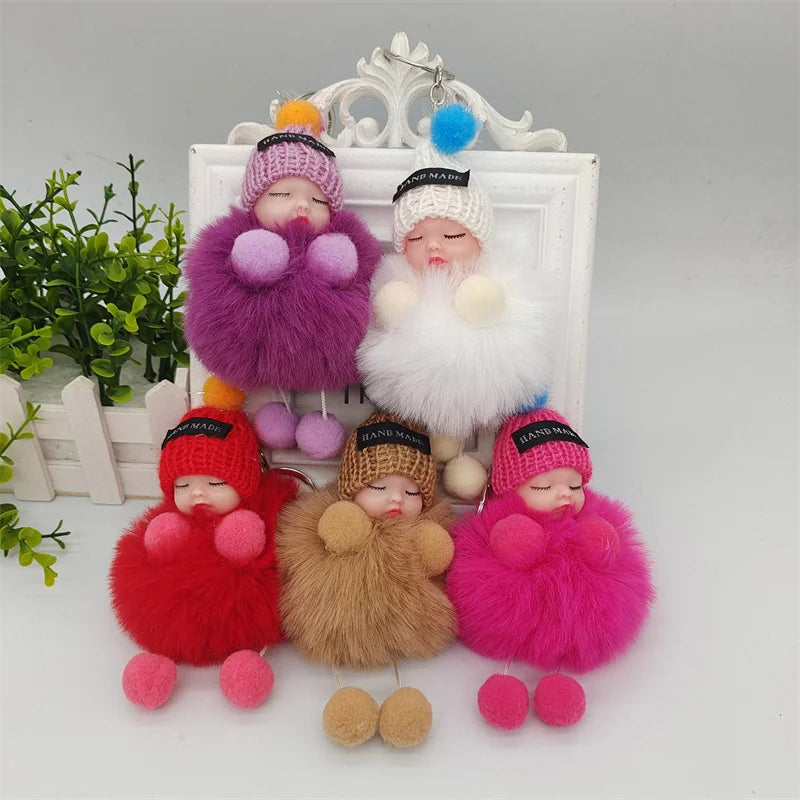 Pompom Sleeping Baby Plush Doll Keychain & Bag Charm | Cute Gift Plush Keychain Charm QXL
