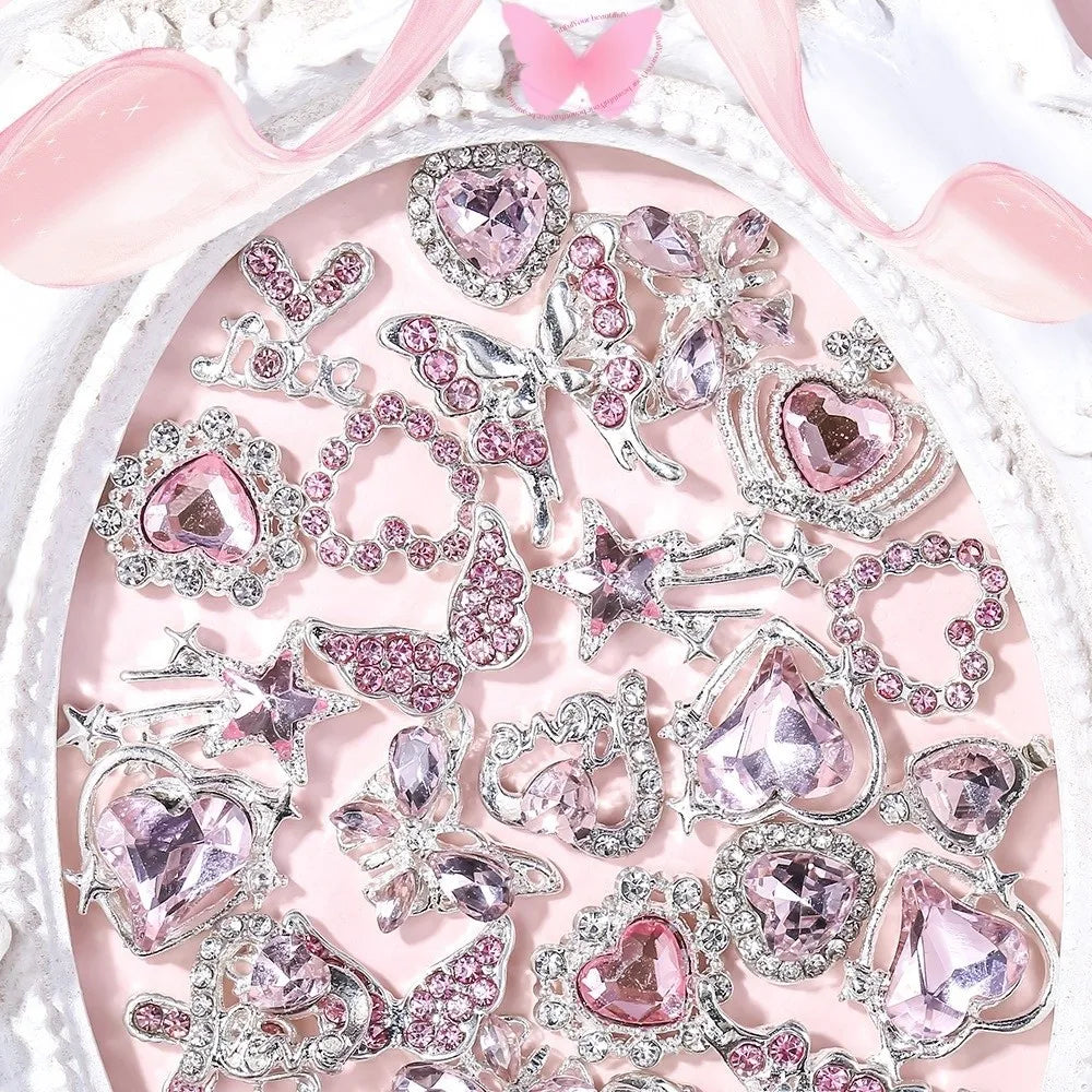 24-Pc Y2K Nail Art Charms | 3D Rhinestone Gems Hearts Stars Bows Nail Art Charms QXL