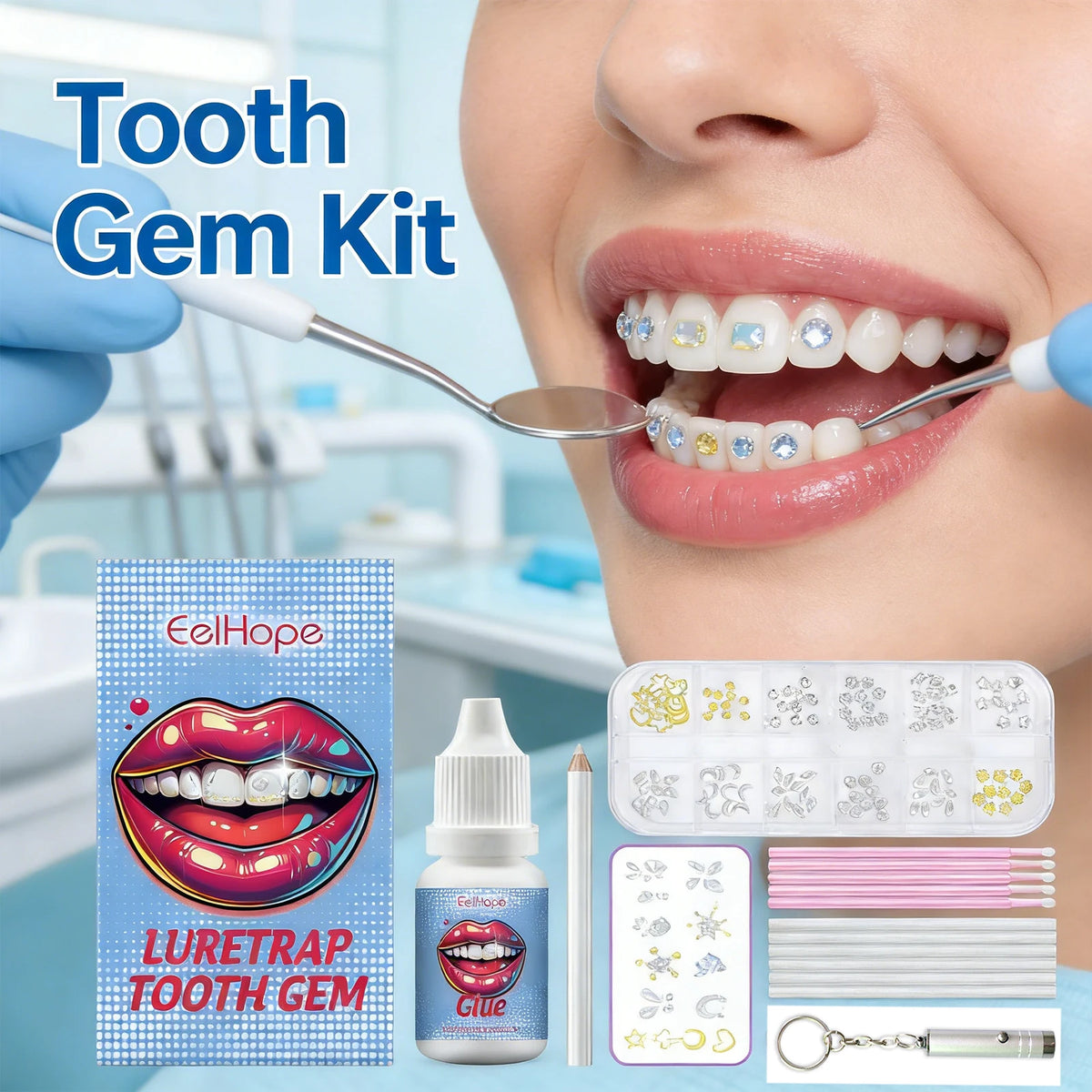 DIY Tooth Gems Kit – 120 Crystals, UV Glue & Lamp Included Tooth Gem Kit QXL