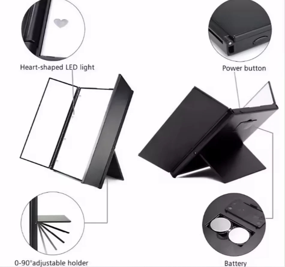 Portable LED Three-Sided Folding Makeup Mirror with Light Lighted Makeup Mirror QXL