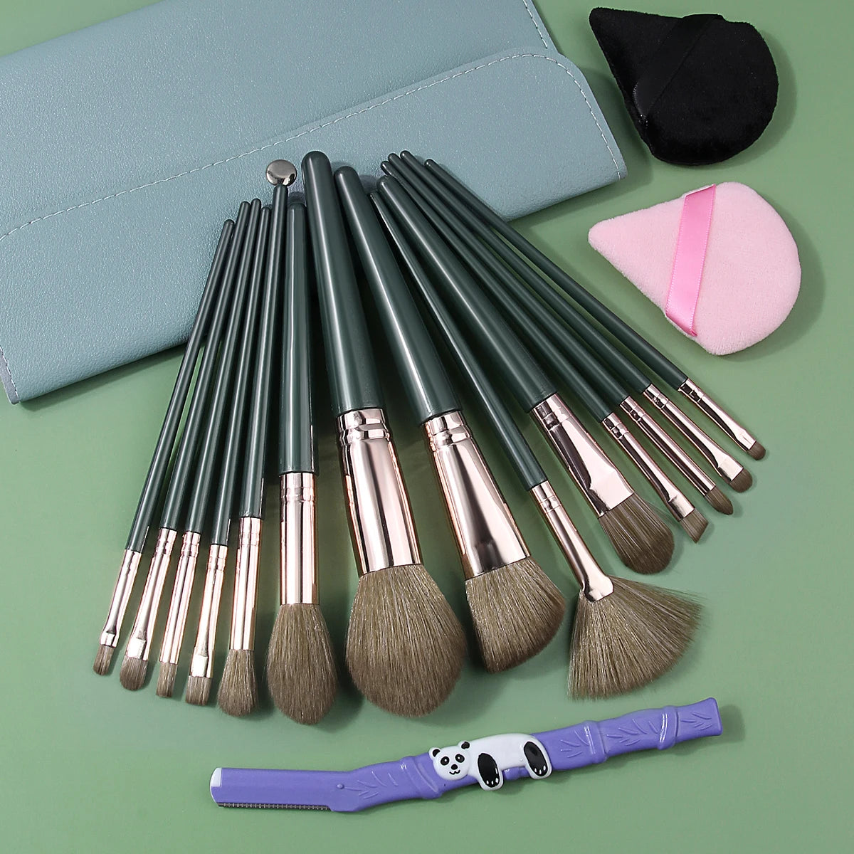 18-Pc Green Makeup Brush Set with Bag, Puffs & Razor Makeup Brush Set QXL