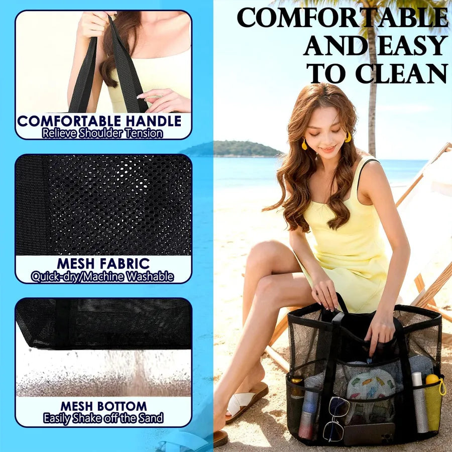 2-in-1 Large Mesh Beach Bag with Waterproof Zipper Pocket Mesh Tote Bag QXL