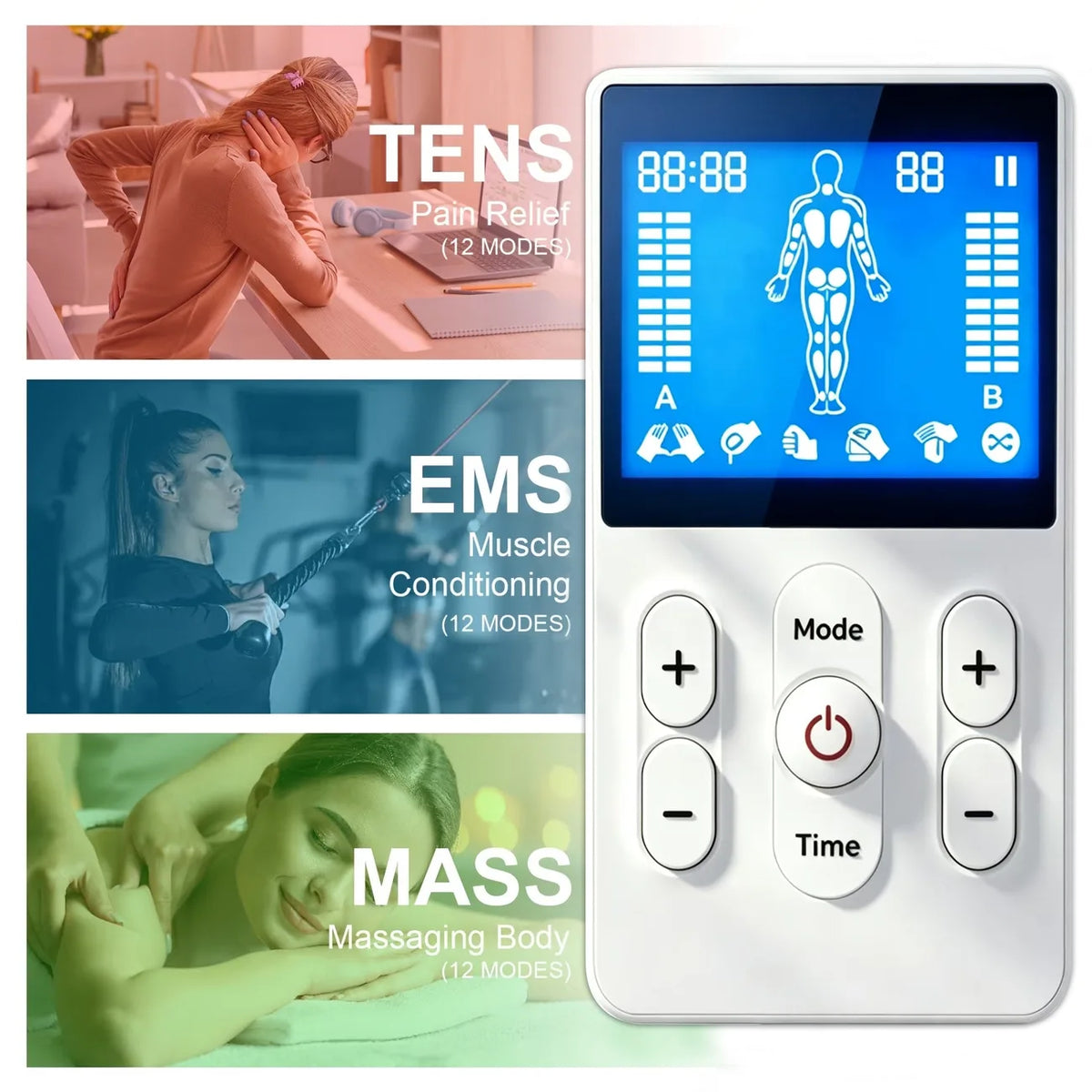 3-in-1 TENS EMS Muscle Stimulator | Dual Channel Massager EMS TENS Massager QXL