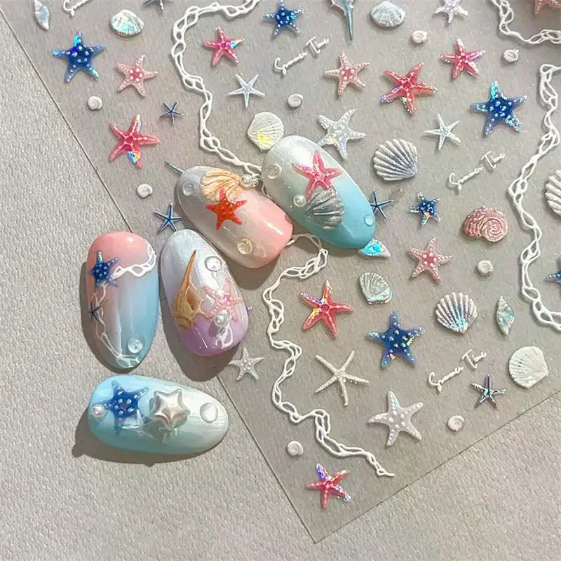 5D Summer Seashell Nail Stickers | Embossed Starfish Decals Nail Art Stickers QXL