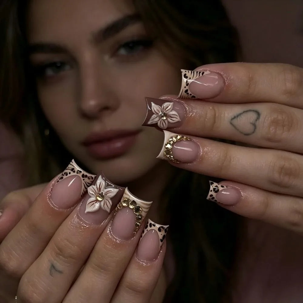 Rhinestone Bow Short Press On Nails | Square Fake Nails 24pc Press On Nails QXL 24Pcs
