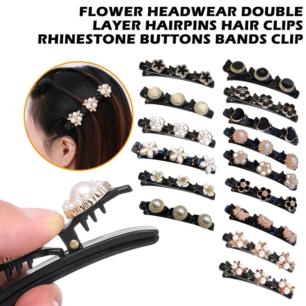 Korean Braided Rhinestone Hair Clip | Double Layer Hairpin Rhinestone Hair Clip QXL