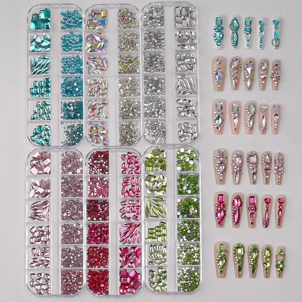 12-Grid 3D Nail Rhinestones | Teardrop & Heart Charms Set Nail Art Rhinestones QXL