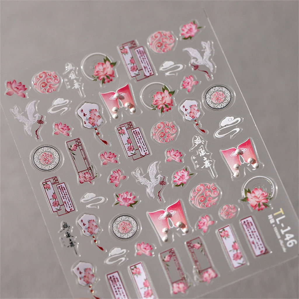 5D Chinese Lotus Flower Nail Art Stickers | Self-Adhesive Decals