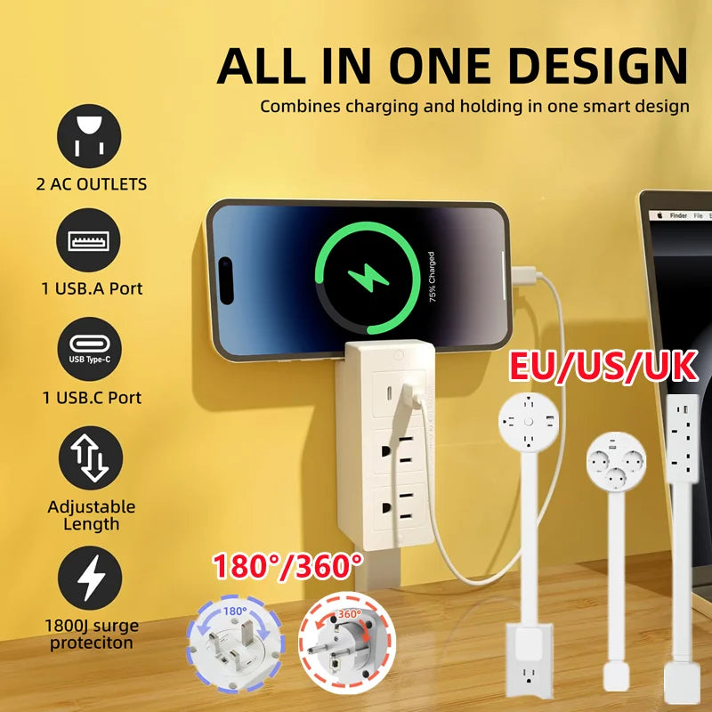 Rotating Retractable Power Strip Outlet Extender | Bedside Outlet Extender QXL