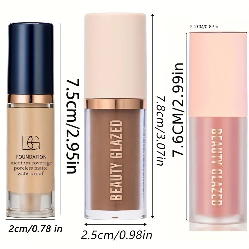 Beauty Glazed 3-Pc Waterproof Makeup Set – Blush, Contour & Foundation Liquid Makeup Set QXL