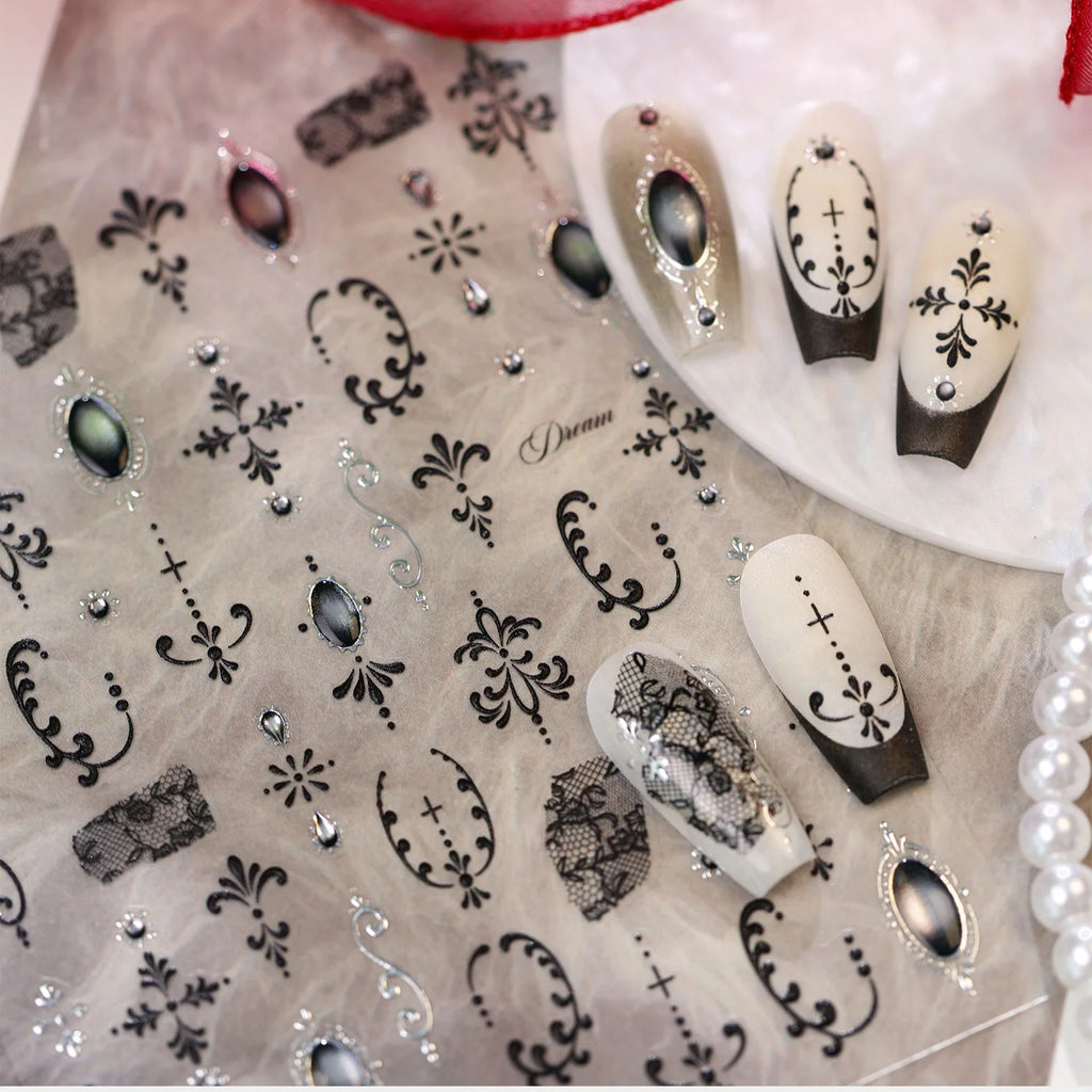 Vintage Black Lace Gem 5D Nail Stickers | Self-Adhesive Decals Nail Art Stickers QXL