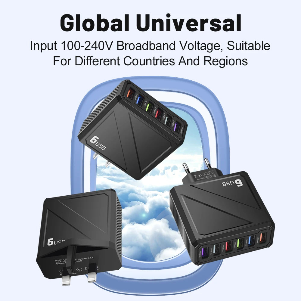 6-Port USB Wall Charger QC3.0 Fast Charging | Multi Plug USB Wall Charger QXL