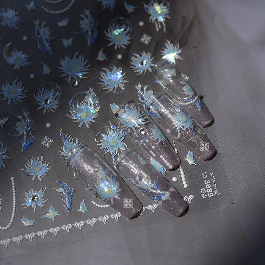 5D Blue & White Porcelain Nail Art Stickers | Gold Floral Decals Nail Art Stickers QXL