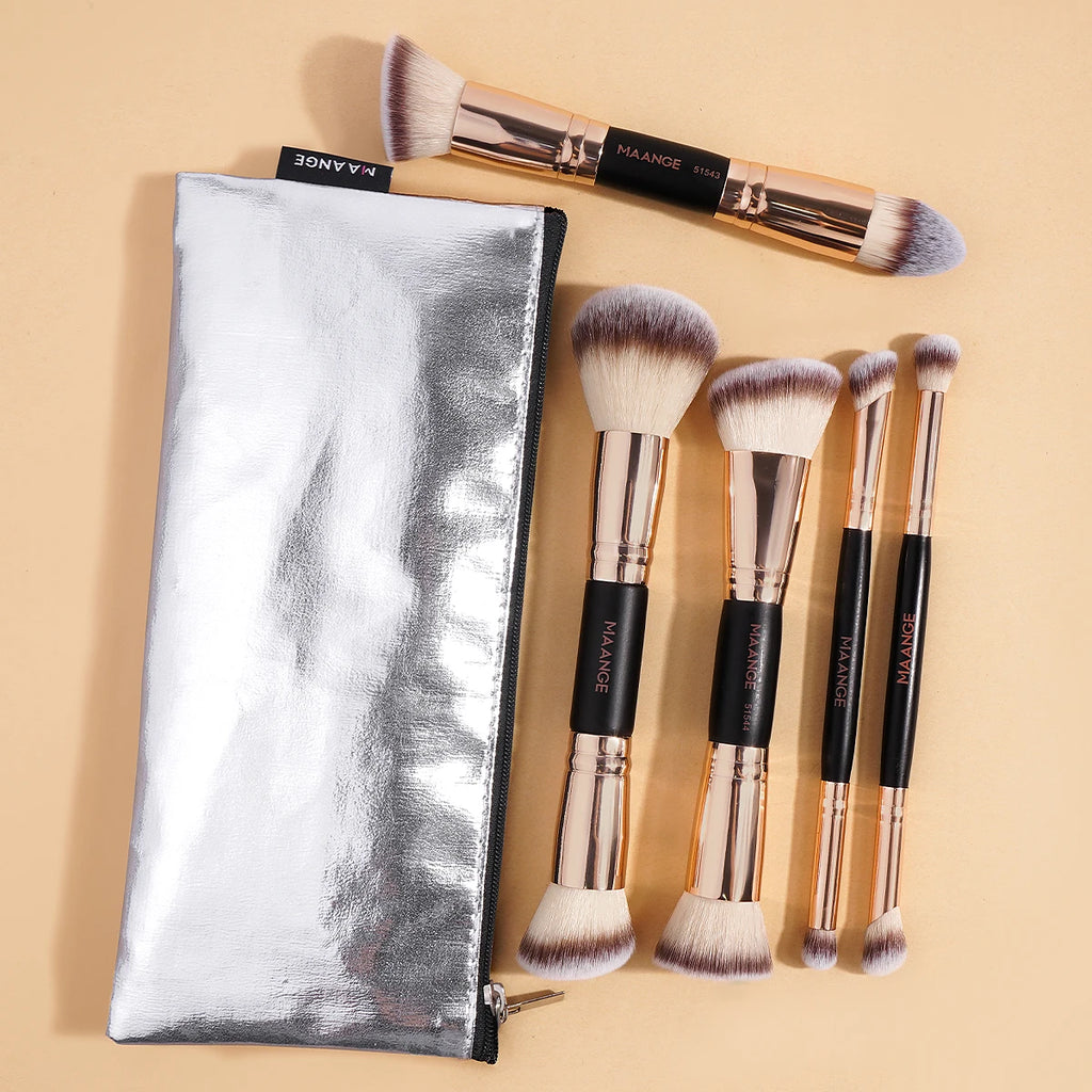 MAANGE 5-Pc Double-Ended Makeup Brush Set & Storage Bag Makeup Brush Set QXL