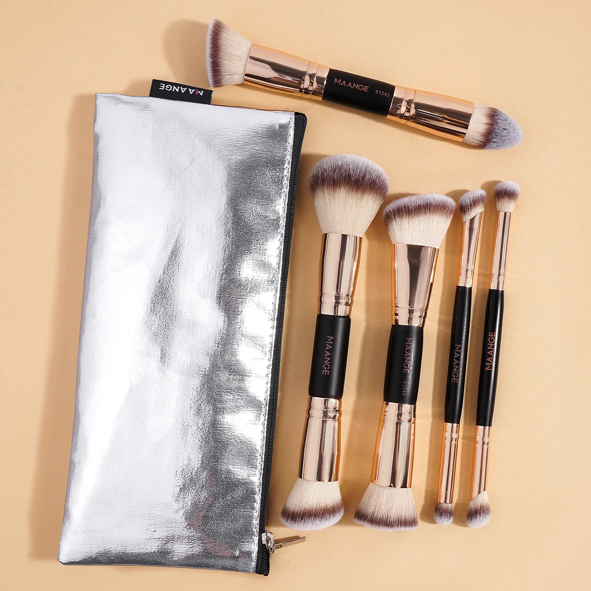 MAANGE 5-Pc Double-Ended Makeup Brush Set & Storage Bag Makeup Brush Set QXL