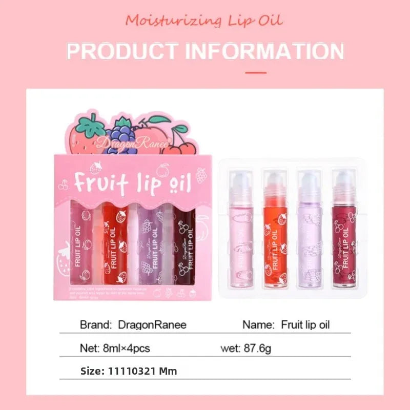 4-Pack Roll-On Lip Oil Set | Hydrating Fruit Lip Gloss Balm Roll-On Lip Oil QXL