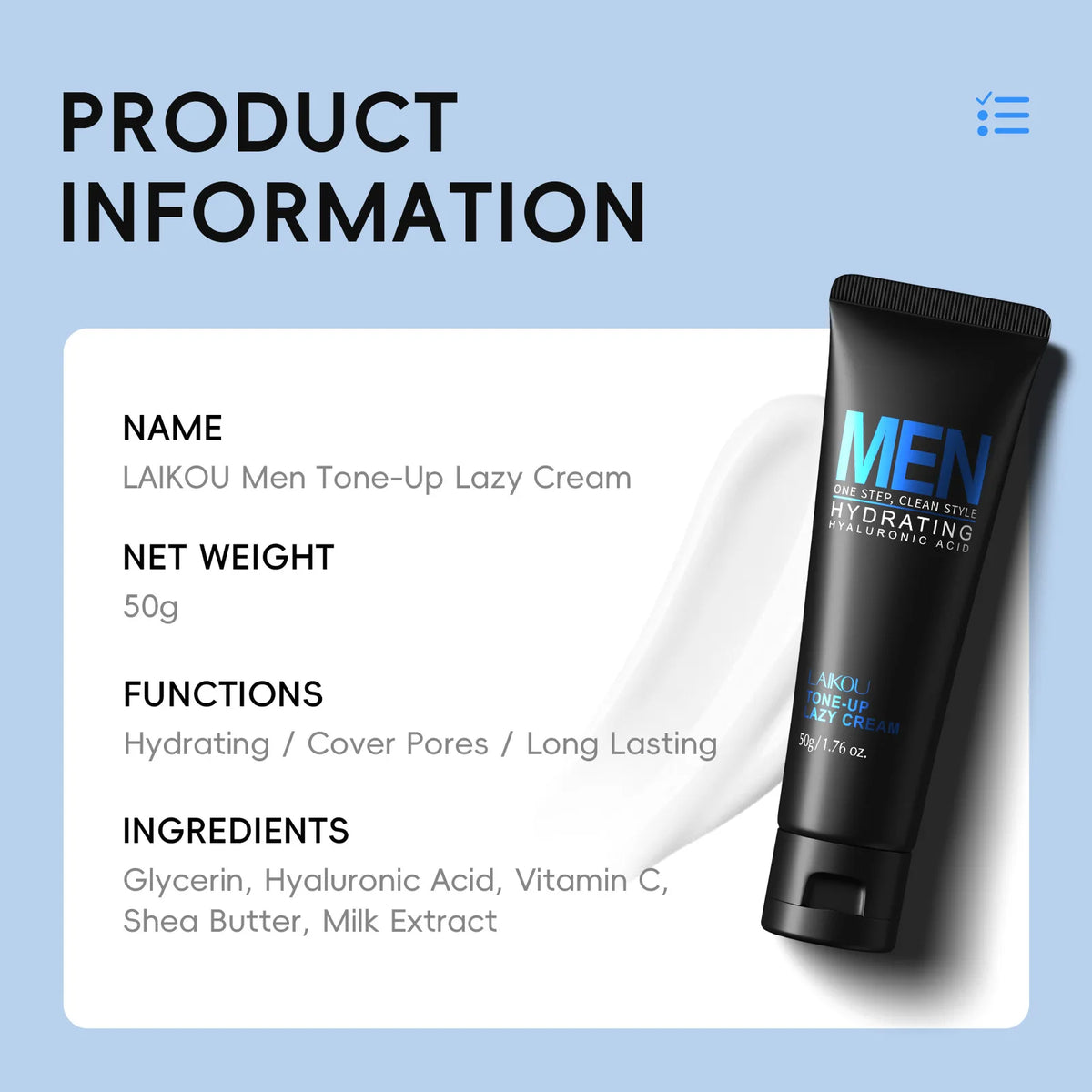 LAIKOU Men's BB Cream | Hyaluronic Acid Tone Up & Oil Control Men's BB Cream QXL