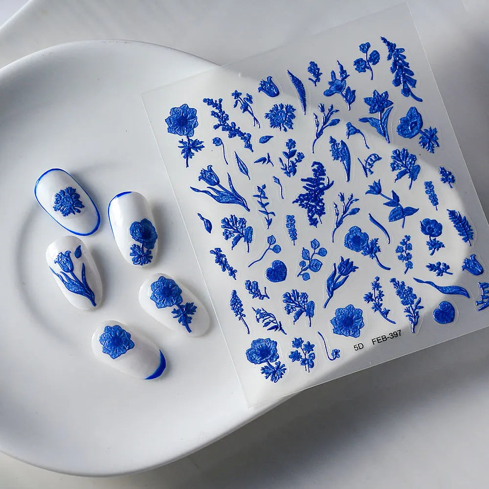 5D Flower Nail Art Stickers | Japanese Blue Purple Decals Nail Art Stickers QXL