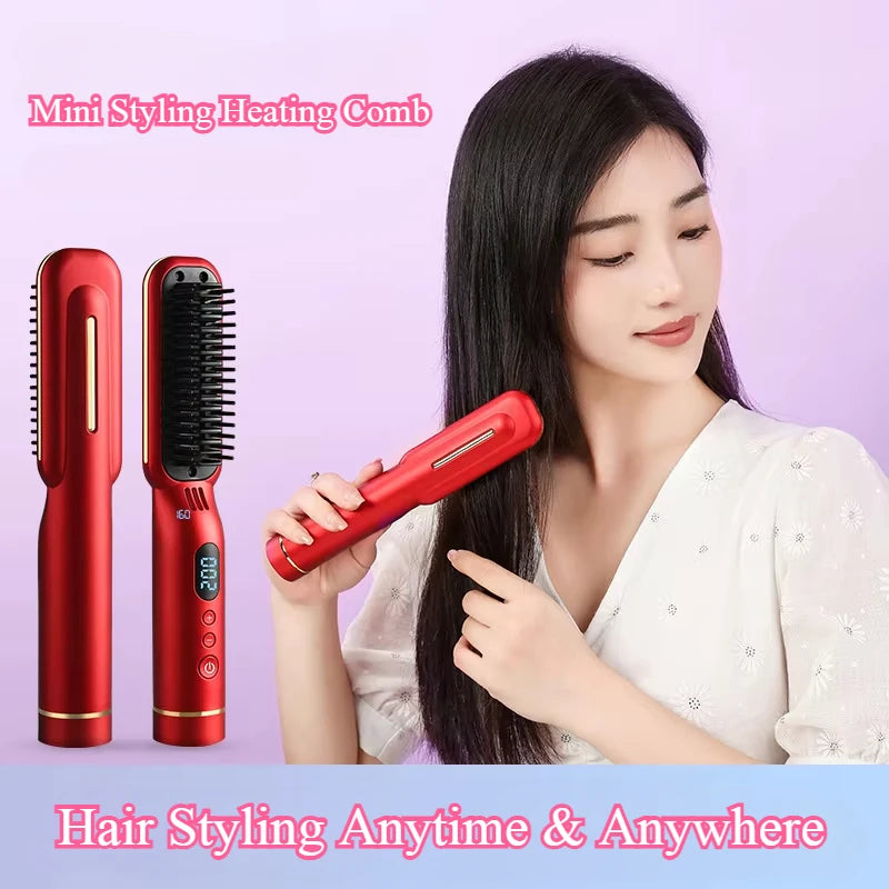 Wireless Negative Ion Hair Straightener & Curling Comb | LED Screen Cordless Hair Styler QXL Red