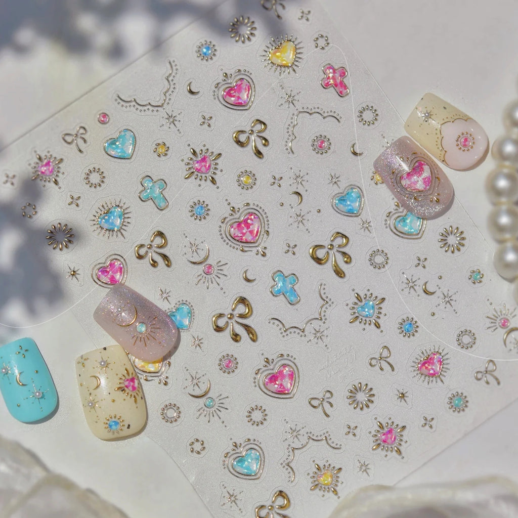 5D Embossed Nail Stickers | Heart Rhinestone Bow Moon Star Decals Nail Art Stickers QXL