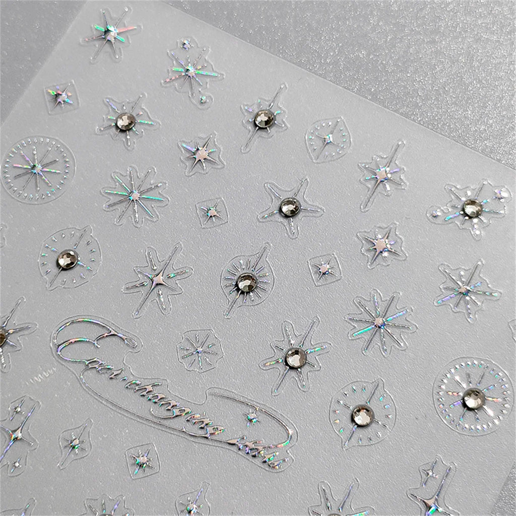 5D Rhinestone Star Nail Stickers | Gold Silver Laser Decals Nail Art Stickers QXL