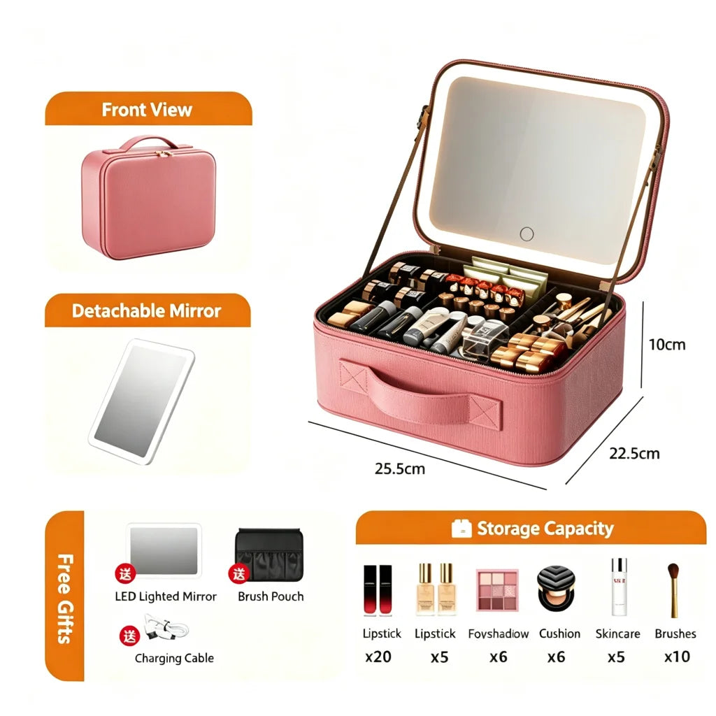 Smart LED Makeup Case with Mirror | Large Travel Cosmetic Bag Travel Cosmetic Case QXL Pink-3