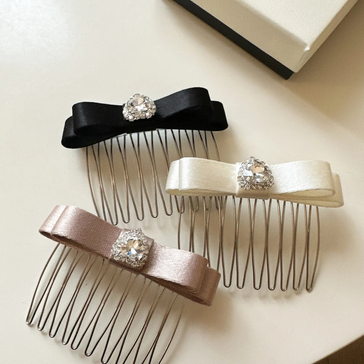 Rhinestone Heart Satin Bow Hair Comb | Crown Volume Style Decorative Hair Comb QXL