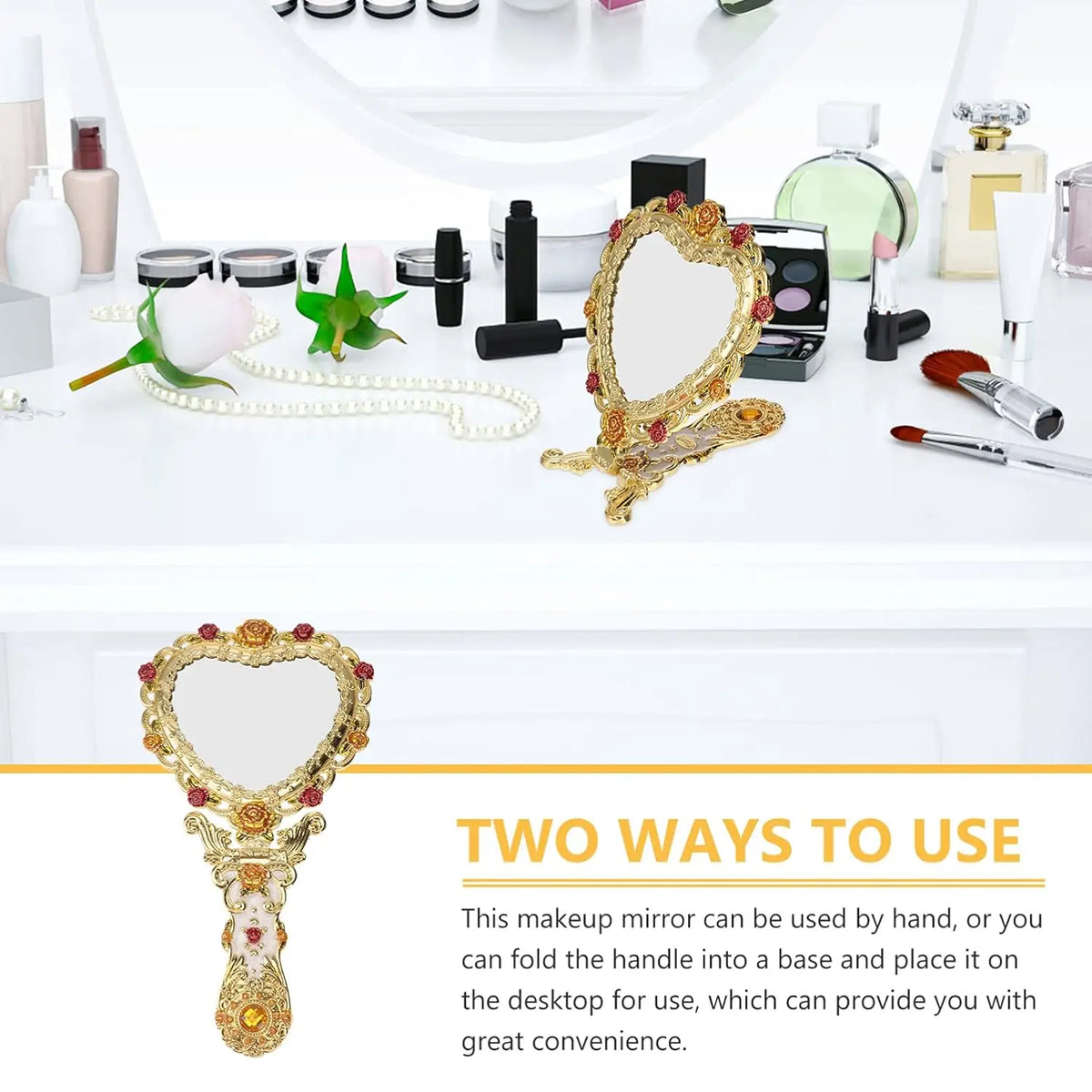 Vintage Heart-Shaped Gold Hand Mirror | European Vanity Mirror Vanity Hand Mirror QXL