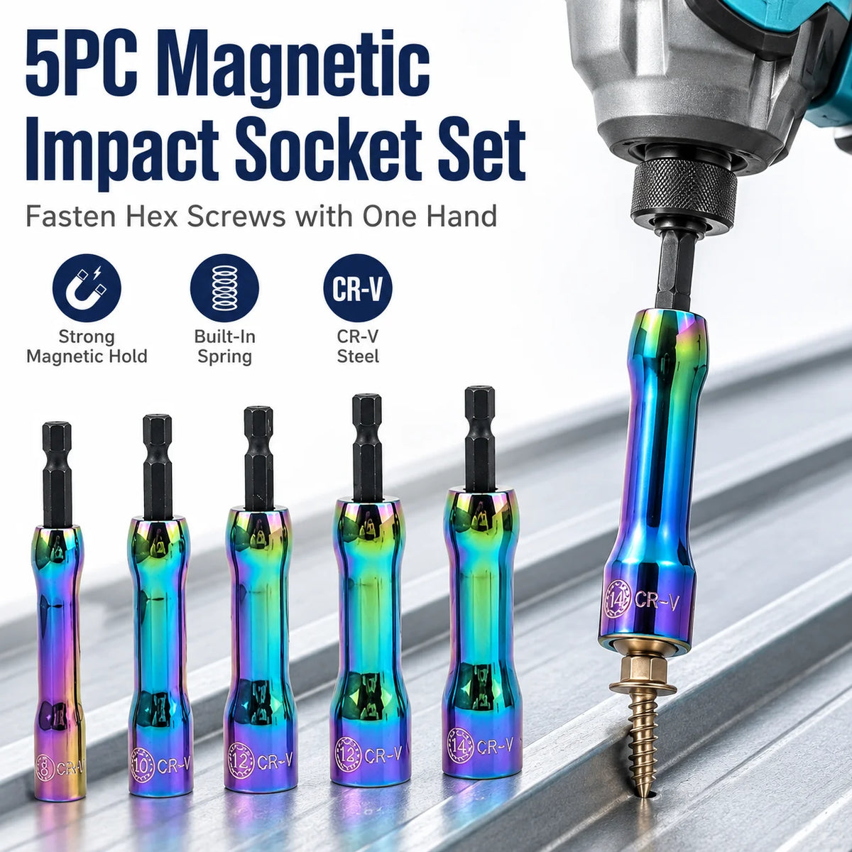 5-Piece Magnetic Nut Driver Set | 1/4" Hex Shank 8–14mm Impact Socket Set QXL