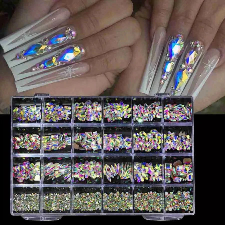 2460-Pc Nail Rhinestones Set | Pink Clear AB Crystal Gems 24 Grid Nail Art Rhinestones QXL