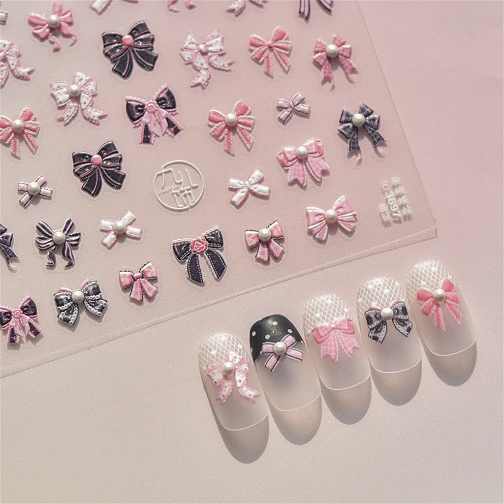 5D Kawaii Pink Bow Nail Stickers | Japanese Ribbon Decals Nail Art Stickers QXL