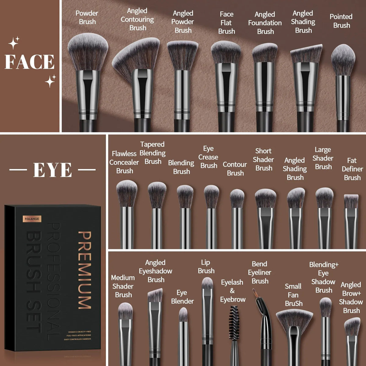 MAANGE 25-Pc Makeup Brush Set | Vegan Gift Box Kit Makeup Brush Set QXL
