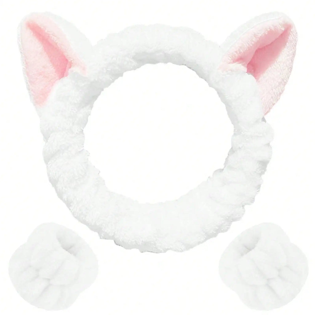 3-Pc Cat Ear Plush Makeup Headband & Wrist Hair Tie Set Makeup Headband Set QXL WHITE