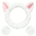 3-Pc Cat Ear Plush Makeup Headband & Wrist Hair Tie Set Makeup Headband Set QXL WHITE