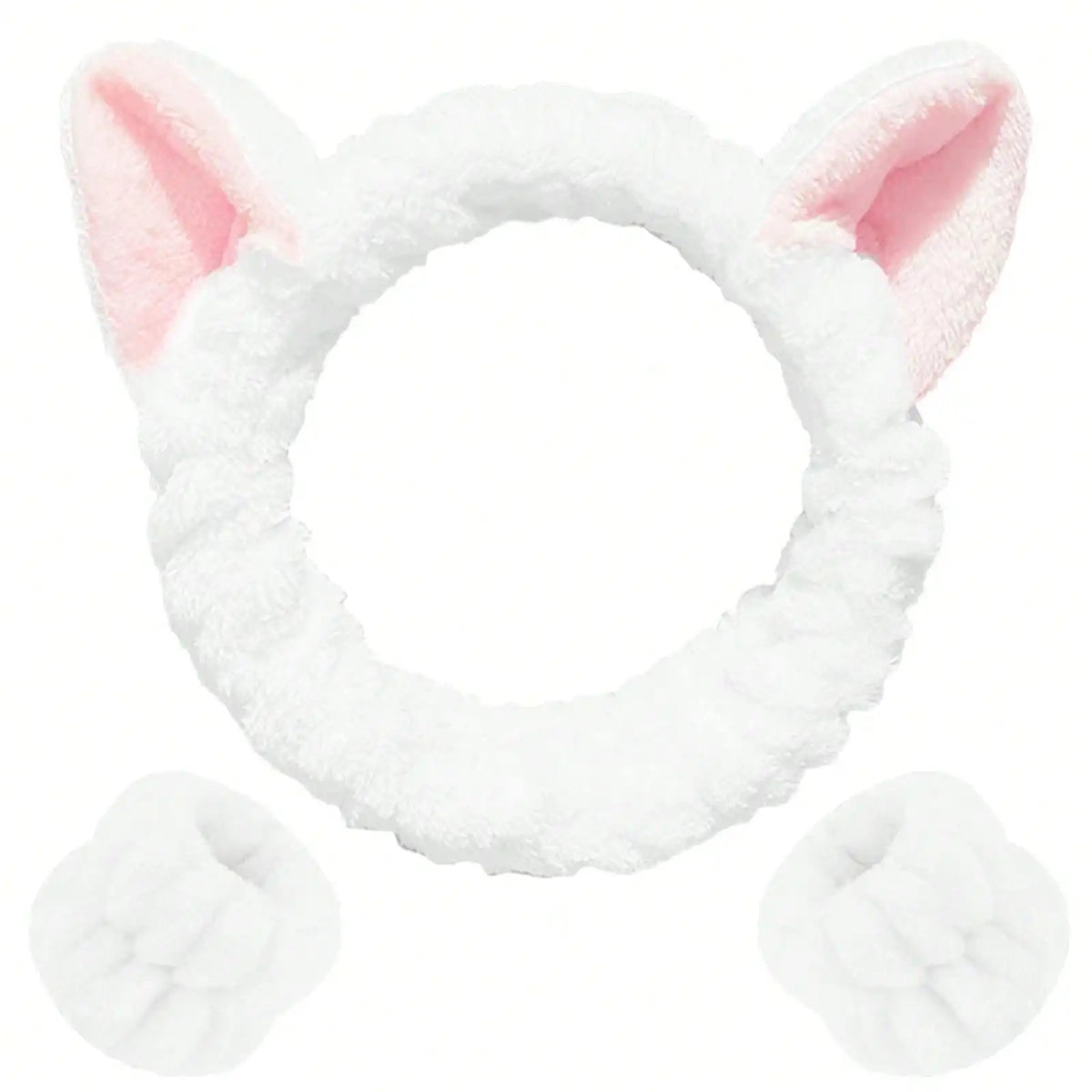 3-Pc Cat Ear Plush Makeup Headband & Wrist Hair Tie Set Makeup Headband Set QXL WHITE